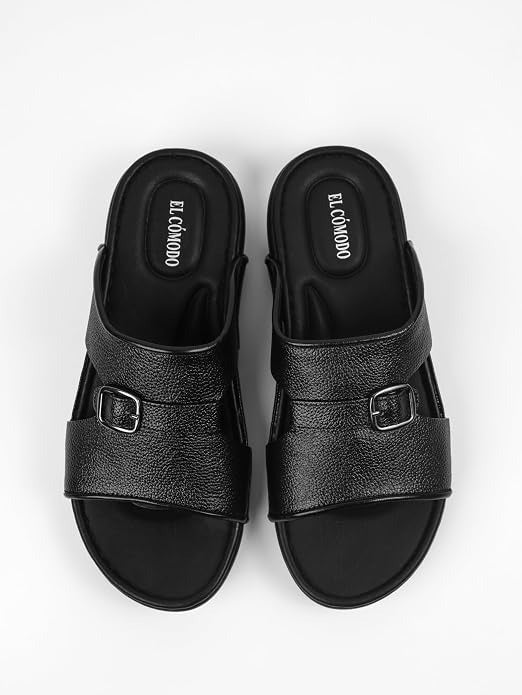 Men's Single Buckle Leather Slides - Black