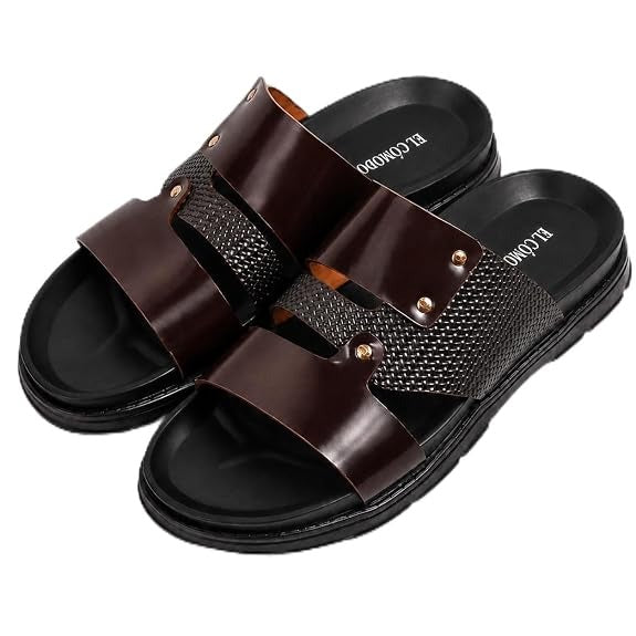 Men's Studded Dual-Texture Leather Slides - Brown