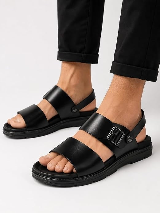 Men's Adjustable Backstrap Leather Sandals - Black