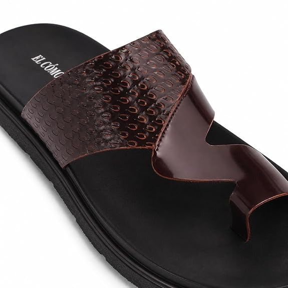 Men's Embossed Leather Toe-Ring Slides - Brown