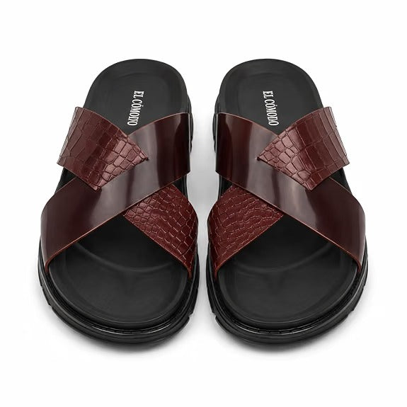 Men's Croc-Embossed Leather Slides - Tan