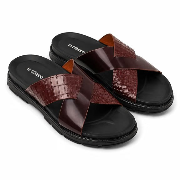 Men's Croc-Embossed Leather Slides - Tan