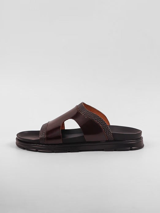 Men's Woven Trim Dual-Band Leather Slides - Brown