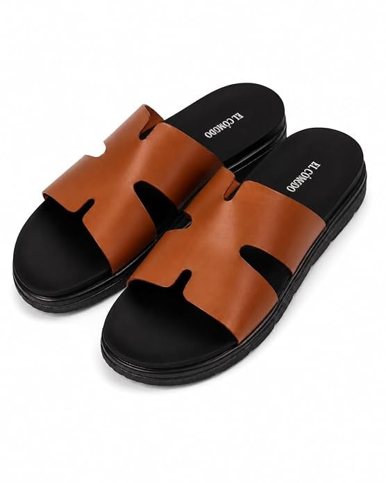 Men's Cutout Leather Slides - Tan