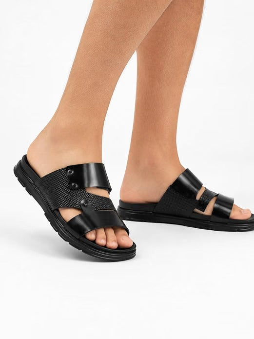 Men's Studded Dual-Texture Leather Slides - Black