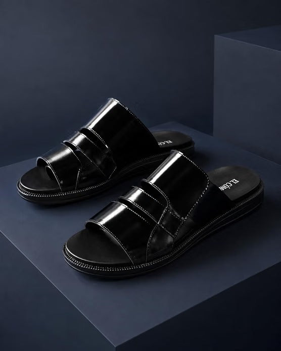 Men's Asymmetric Tri-Band Leather Slides - Black