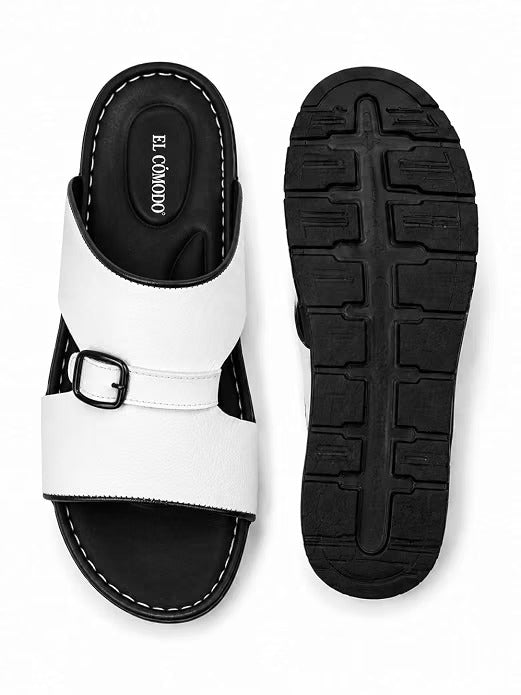 Men's Single Buckle Leather Slides - White