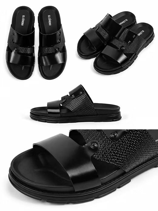 Men's Studded Dual-Texture Leather Slides - Black