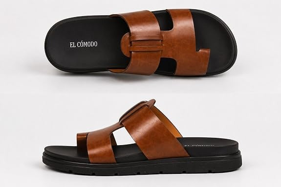 Men's Contemporary Leather Toe-Ring Slides - Tan