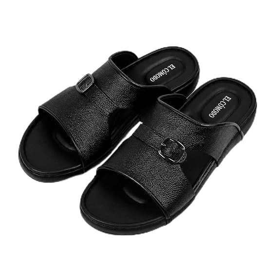 Men's Single Buckle Leather Slides - Black