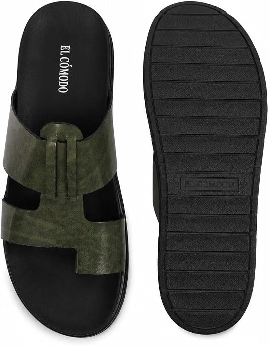 Men's Contemporary Leather Toe-Ring Slides - Green