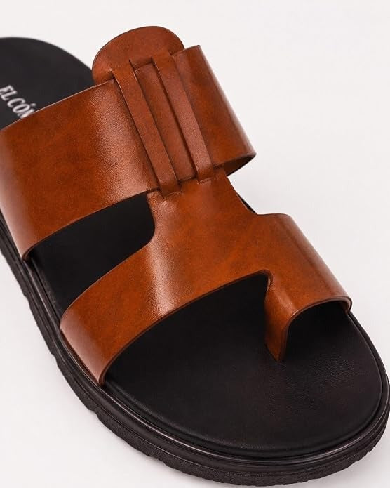 Men's Contemporary Leather Toe-Ring Slides - Tan