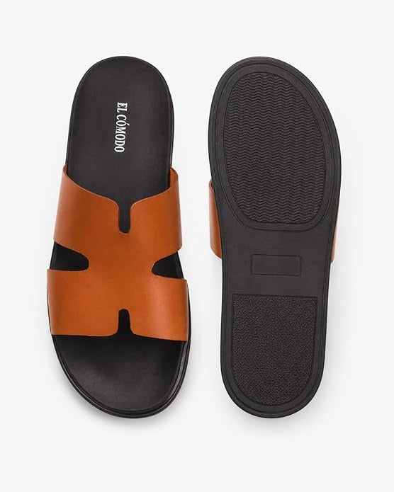Men's Cutout Leather Slides - Tan