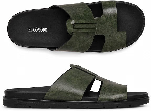 Men's Contemporary Leather Toe-Ring Slides - Green