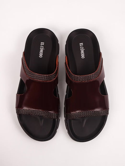 Men's Woven Trim Dual-Band Leather Slides - Brown
