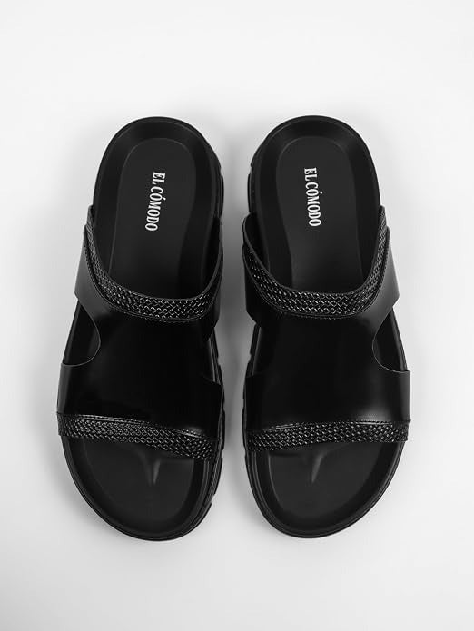 Men's Woven Trim Dual-Band Leather Slides - Black
