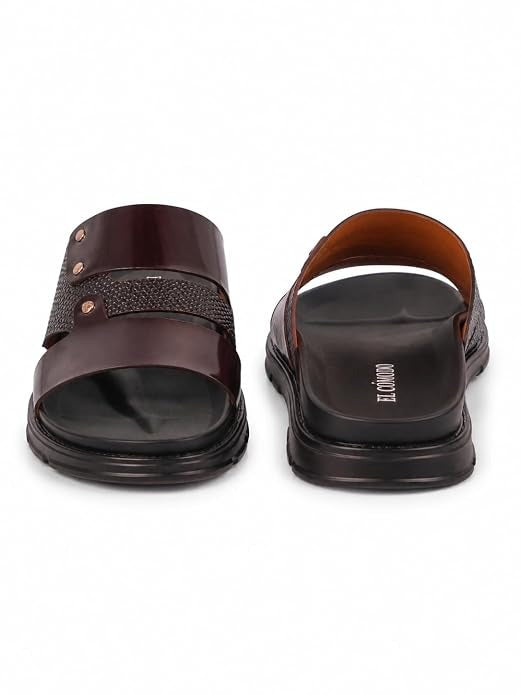 Men's Studded Dual-Texture Leather Slides - Brown