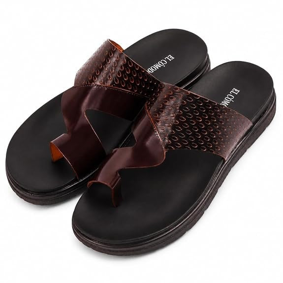 Men's Embossed Leather Toe-Ring Slides - Brown