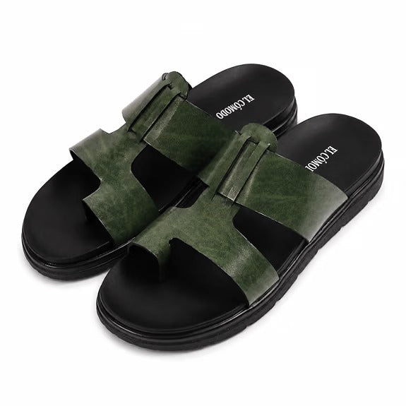 Men's Contemporary Leather Toe-Ring Slides - Green