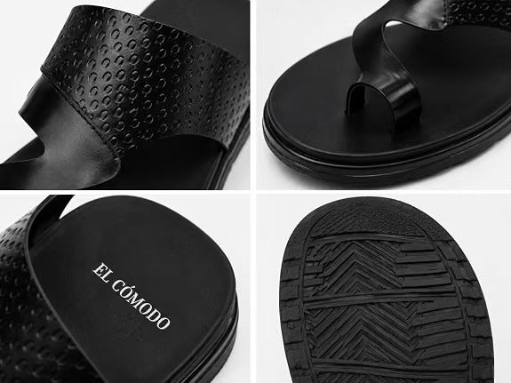 Men's Embossed Leather Toe-Ring Slides - Black