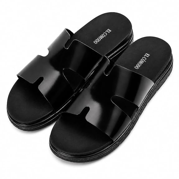 Men's Cutout Leather Slides - Black