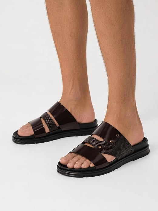 Men's Studded Dual-Texture Leather Slides - Brown