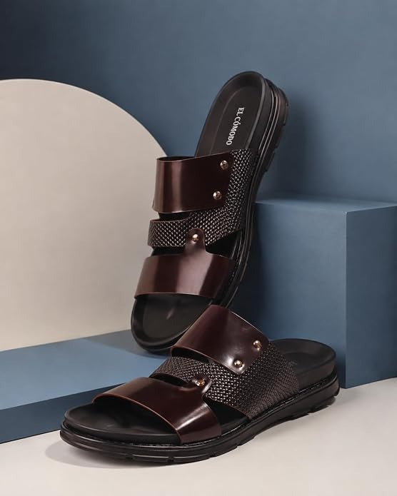 Men's Studded Dual-Texture Leather Slides - Brown