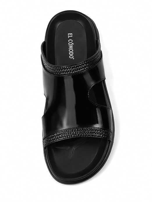 Men's Woven Trim Dual-Band Leather Slides - Black
