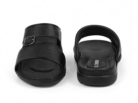 Men's Single Buckle Leather Slides - Black