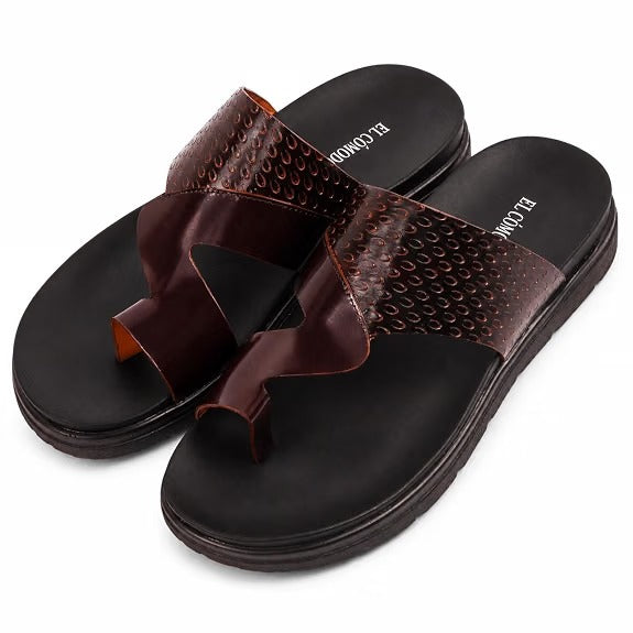 Men's Embossed Leather Toe-Ring Slides - Brown