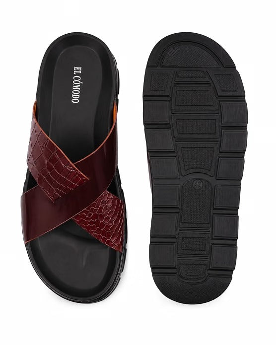Men's Croc-Embossed Leather Slides - Tan