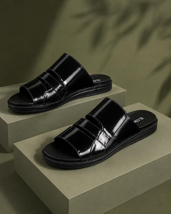 Men's Asymmetric Tri-Band Leather Slides - Black