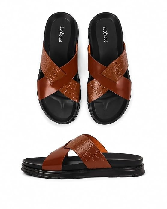 Men's Croc-Embossed Leather Slides - Brown