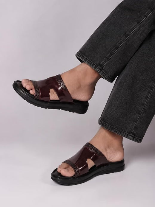 Men's Woven Trim Dual-Band Leather Slides - Brown