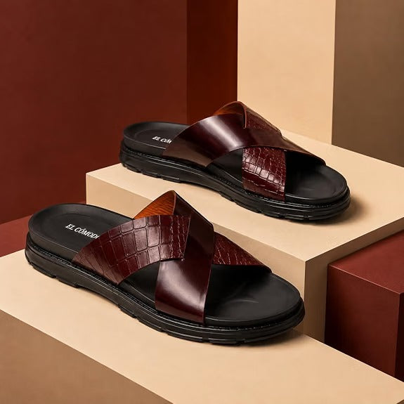 Men's Croc-Embossed Leather Slides - Tan