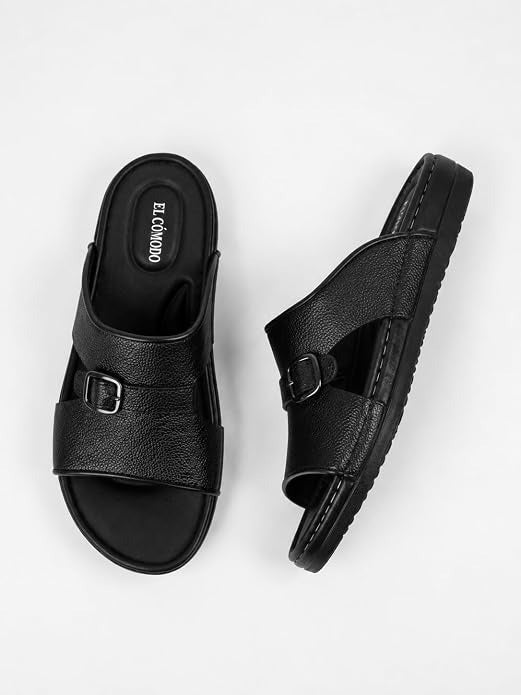 Men's Single Buckle Leather Slides - Black