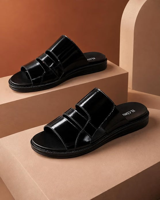 Men's Asymmetric Tri-Band Leather Slides - Black