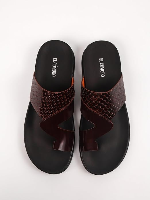 Men's Embossed Leather Toe-Ring Slides - Brown