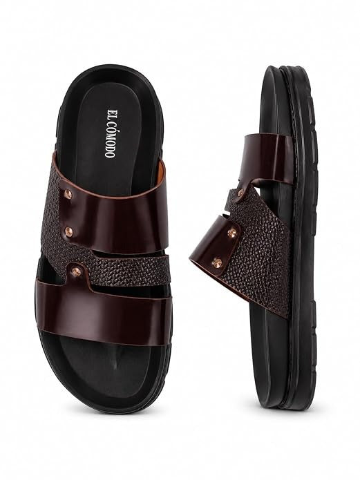 Men's Studded Dual-Texture Leather Slides - Brown
