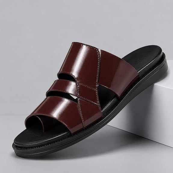 Men's Asymmetric Tri-Band Leather Slides - Brown