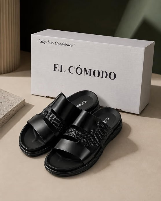 Men's Studded Dual-Texture Leather Slides - Black