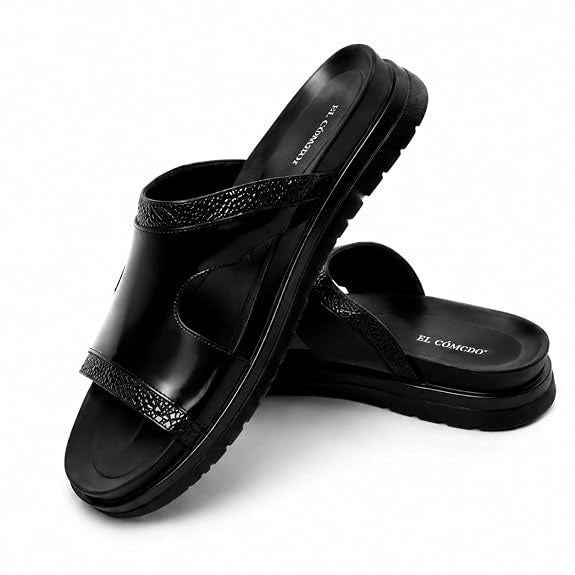 Men's Woven Trim Dual-Band Leather Slides - Black