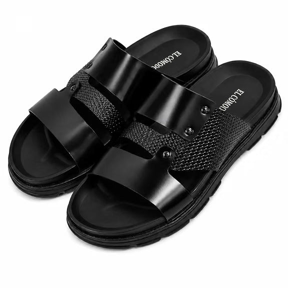 Men's Studded Dual-Texture Leather Slides - Black