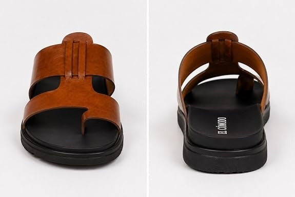 Men's Contemporary Leather Toe-Ring Slides - Tan