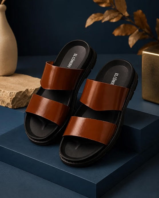 Men's Minimalist Dual-Band Leather Slides - Tan