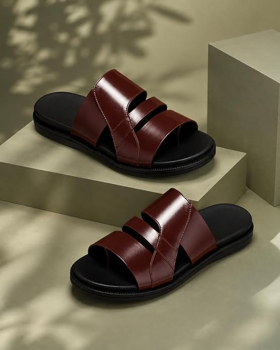 Men's Asymmetric Tri-Band Leather Slides - Brown